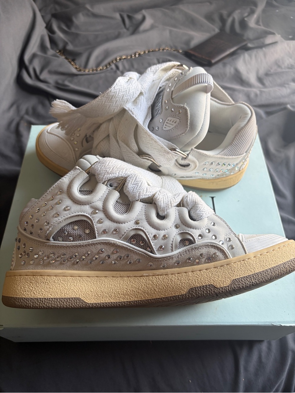 Lanvin White and Tan Rhinestone-Embellished Low-Top Sneakers
